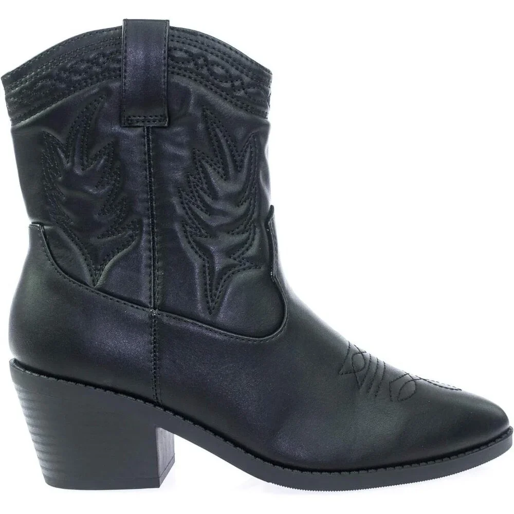 Women's Black Western Cowgirl Stitched Mid Calf Ankle Boots Side Zipper